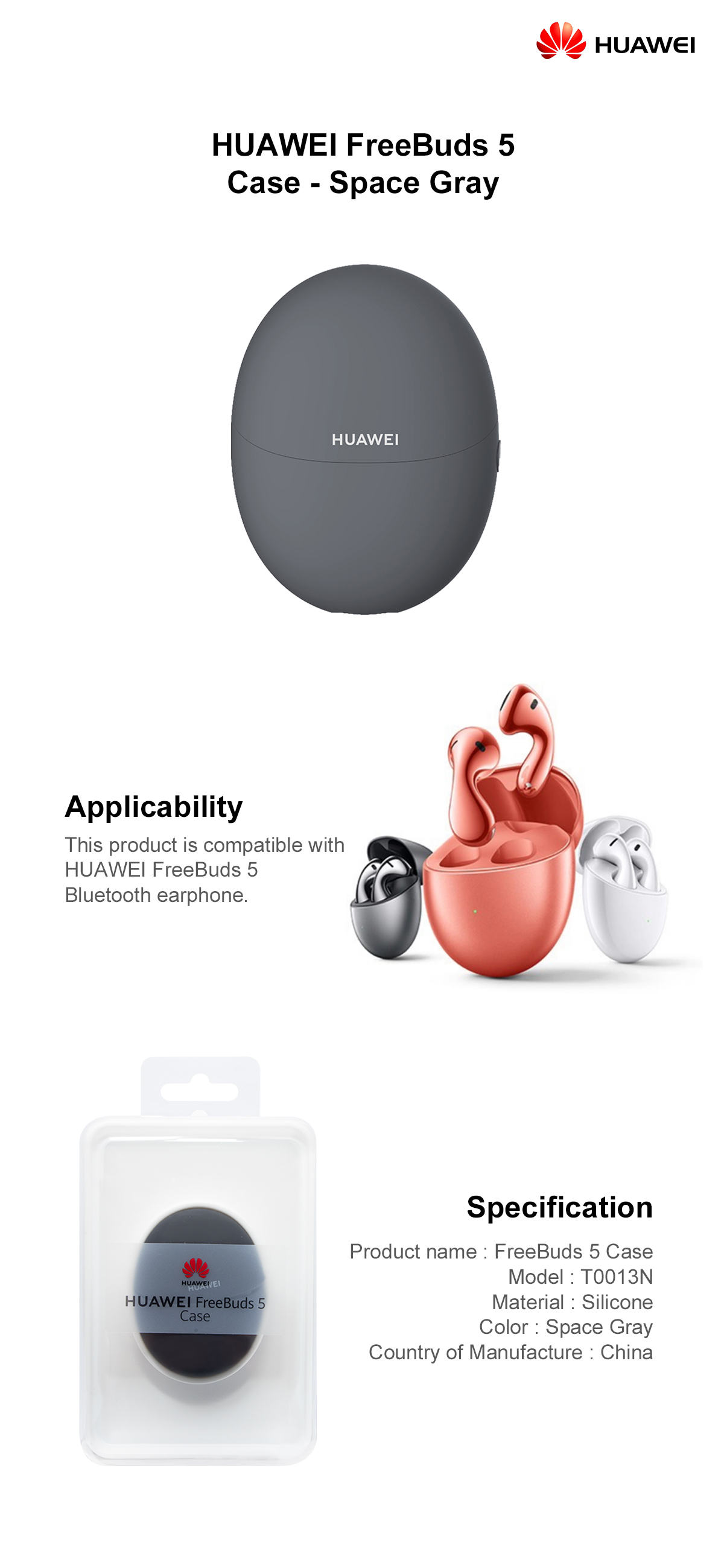 HUAWEI Official FreeBuds 5 Case | For Huawei | Space Gray HUAWEI Official FreeBuds 5 Case | For Huawei | Space Gray