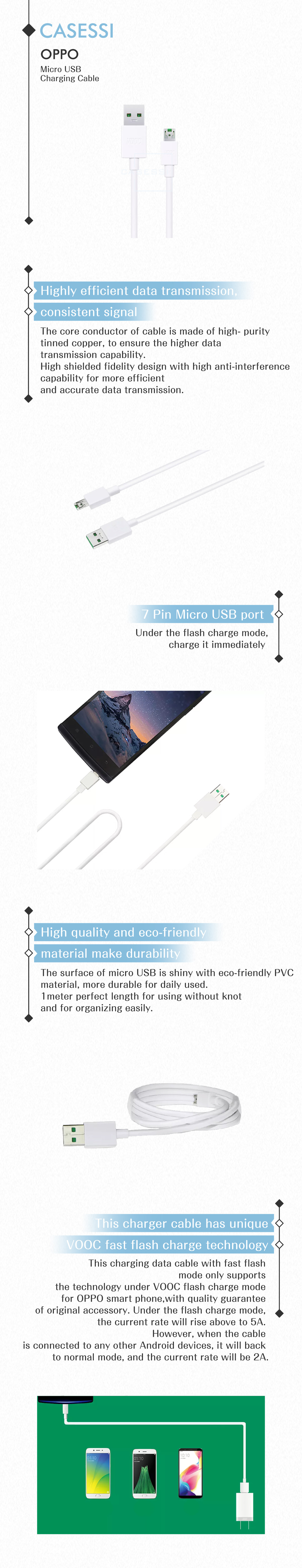Genuine OPPO VOOC Micro-USB 7-Pin Fast Charger Cable – White, 1-Year Warranty, For A9 A7 A5 R15 F9 Etc.
